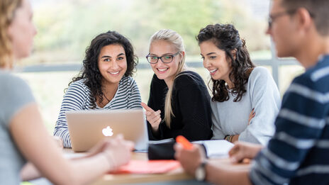 Drei junge Studentinnen sitzen an einem Tisch um einen Laptop herum.