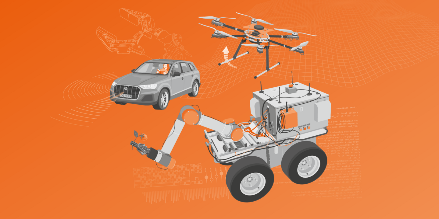 Illustration einer Drohne, eines Pkw mit Sensoren und eines Rettungsroboters.