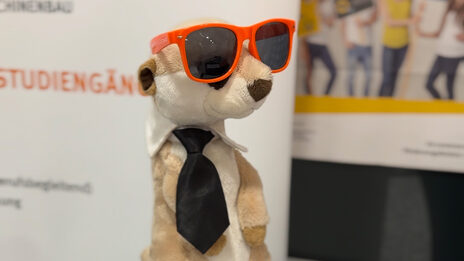 Ein Erdmännchen steht als Stofftier auf einem Tisch mit Infomaterial, es trägt eine Sonnenbrille und einen Schlips.