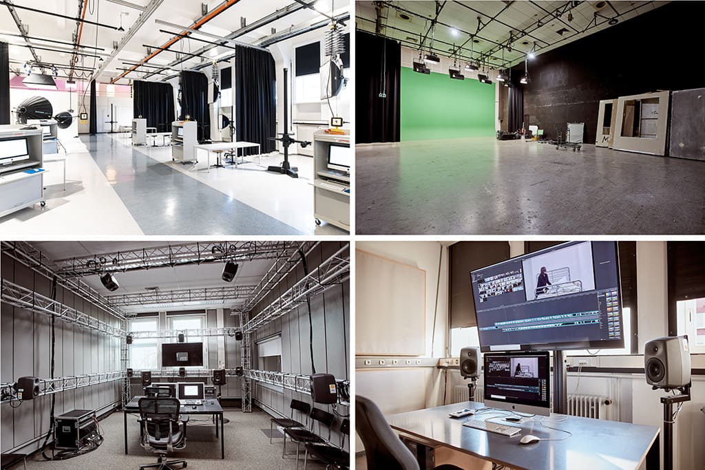 4 Bilder in einer Collage. Bild 1: Raumaufnahme des Fotostudios des Fachbereichs Design mit diversem Equipment. Bild 2: Raumaufnahme des Filmstudios mit Blick auf den Greenscreen.  Bild 3: Raumaufnahme des 3D-Raumes des Tonstudiobereichs. Bild 4: Foto des Computerarbeitsplatzes für den Schnitt von Videos.