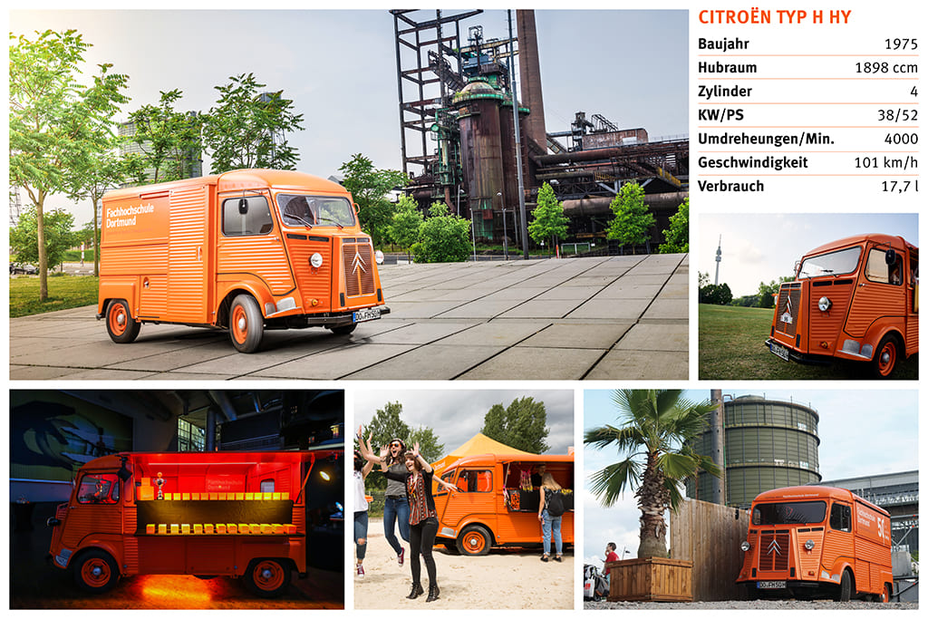 Eine Collage vom orangenen Auto HY