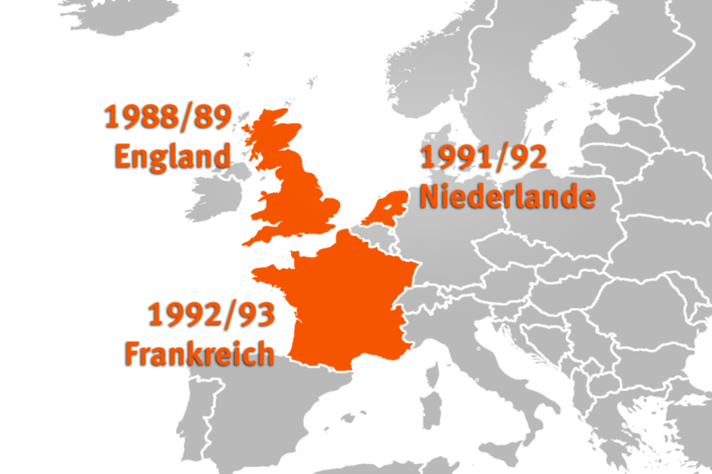 Die Grafik zeigt die Umrisse der Länder in Europa. England, die Niederlande und Frankreich sind eingefärbt. Daneben stehen Jahreszahlen. Bei England 1988/89, bei den Niederlanden 1991/92 und bei Frankreich 1992/93.