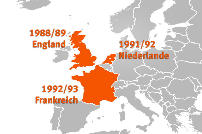 The graphic shows the outlines of the countries in Europe. England, the Netherlands and France are colored in. Next to them are the years. For England 1988/89, for the Netherlands 1991/92 and for France 1992/93.