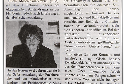 A newspaper clipping from the fh presse on the new management of the FH International Office.