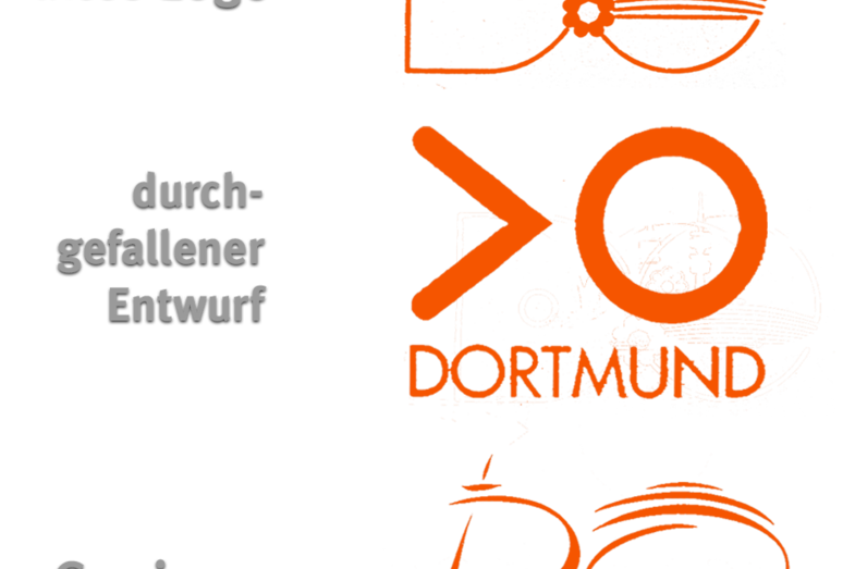 Die Übersicht zeigt verschiedene Logos der Stadt Dortmund. Alle wurden orange eingefärbt. Sie setzen sich aus den Buchstaben D und O zusammen und sind mal geschwungen, mal sehr eckig dargestellt.