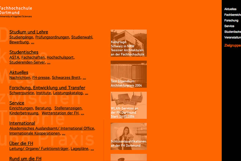 Ein Screenshot der alten Website der FH. Der Hintergrund ist komplett orangefarben, auch die Bilder sind monochrome orange. Die Schrift ist schwarz und gar nicht so leicht lesbar.