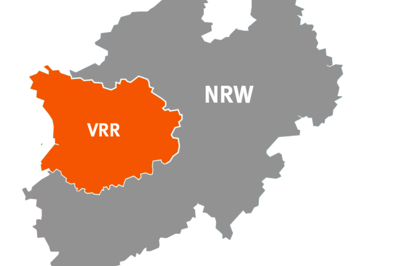 The outline of NRW, with the area of the Rhine-Ruhr Transport Association (VRR) highlighted in orange.