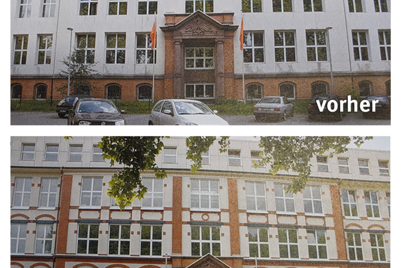 Zwei Bilder der Fassade Sonnenstraße. Vorher eine schlichte helle Fassade, nach der Restaurierung mit zahlreichen Verzierungen und Schmucksteinen.