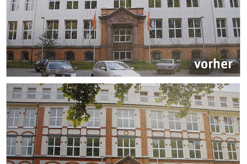 Two pictures of the Sonnenstrasse façade. Previously a plain, light-colored façade, after the restoration with numerous decorations and gemstones.