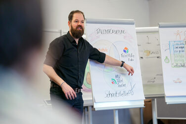 Foto eines Mitarbeiters bei einem Seminarangebot der Personalentwicklung. Er erklärt etwas anhand eines Flipcharts, auf dem Zeichnungen und Beschriftungen zu sehen sind.__Photo of an employee at a seminar offered by the personnel development department. He is explaining something using a flipchart on which drawings and labels can be seen.