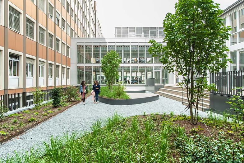 The Sonnenstrasse buildings A and B. The green inner courtyard can be seen in the foreground and a glazed front with workstations behind it in the background.