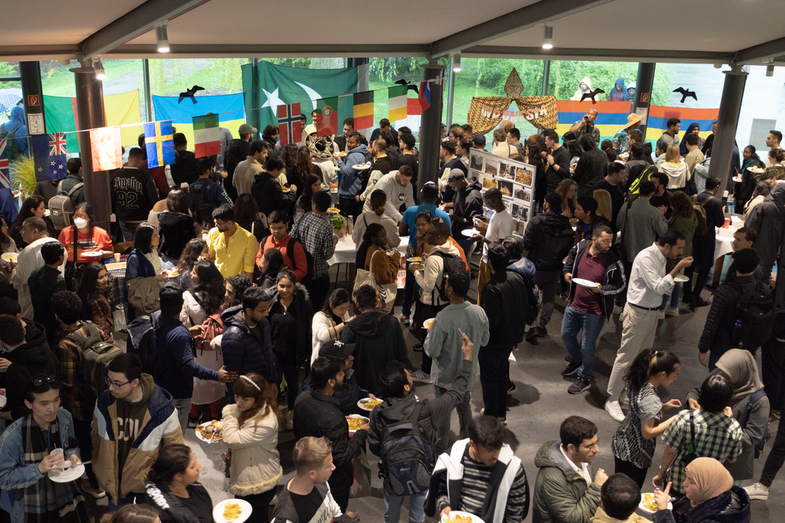 Bird's eye view of a large crowd of students, all of whom are visitors to the 2023 Festival of Cultures. You can also see colorful garlands with flags of different countries.