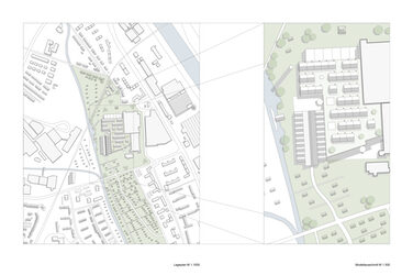 Lageplan der Bebauungssituation im Maßstab 1:1000, mit Modellausschnitt im Maßstab 1:500.