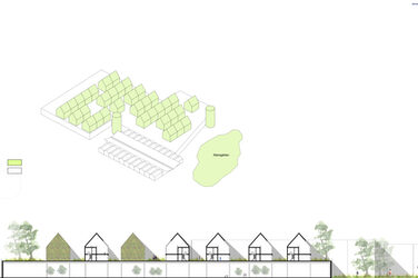 Skizze des Bestandsgebäudes mit Neubau, darunter<br>Längsschnitt im Maßstab 1:500.