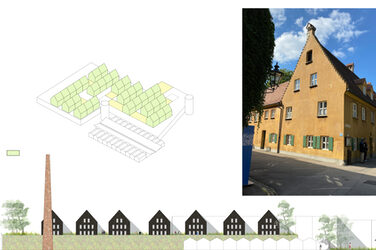 Links ist die Skizze zu den Wohnhäusern, darunter West Ansicht im Maßstand 1:500 zu sehen. Rechts ein eingefügtes Foto des Gebäudes.