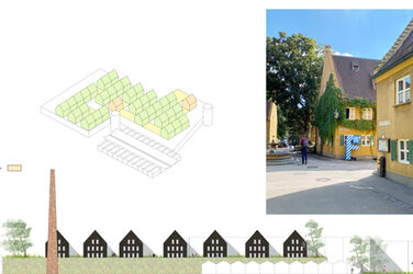 Links ist die Skizze zu den Gemeinschaftshäusern, darunter West Ansicht im Maßstand 1:500 zu sehen. Rechts ist ein Foto der Seitenansicht der Gemeinschaftshäuser von Außen eingefügt.