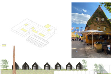 Skizze zu den Hofsituationen, darunter West Ansicht im<br>Maßstand 1:500. Rechts danenben ist als Foto ein Außenansicht des Hofes mit Gebäude zu sehen.
