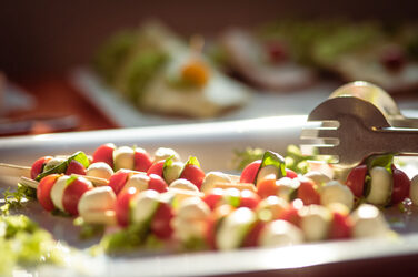 Sticks with mozzarella, tomatoes and basil on a platter at the buffet in the sunlight__Sticks with mozzarella, tomatoes and basil on a platter at the buffet in the sunlight