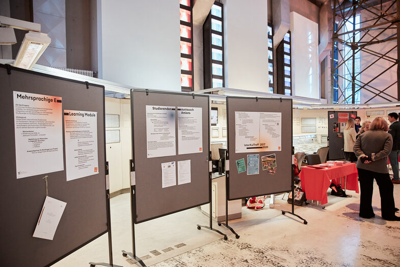 Posters with information on past internationalization projects are displayed on pinboards in the event venue__On pinboards at the event venue there are posters informing about past internationalization projects