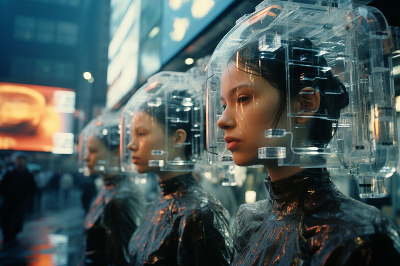 Three female figures stand next to each other and carry transparent boxes on their heads.