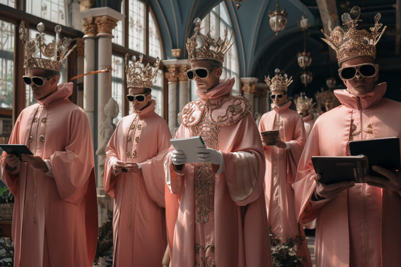 Several people are standing in a room, dressed in robes. They are wearing sunglasses and crowns, some have a book or tablet in their hands.