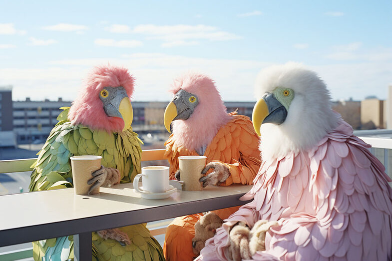 Three hybrid creatures made up of parrots and humans are sitting on a terrace. There are two cups and a mug on the table in front of them.