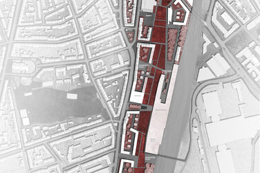 Visualisierung des Quartiers "Bahnstadt Süd“ der Stadt Münster im Rahmen des Schlaun-Wettbewerbs. Lageplan von oben. Das Quartier ist rot dargestellt.