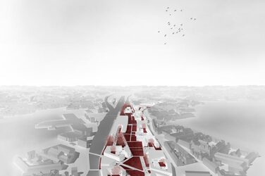 Visualisierung des Quartiers "Bahnstadt Süd“ der Stadt Münster im Rahmen des Schlaun-Wettbewerbs. Luftbild. Das Quartier ist rot dargestellt.