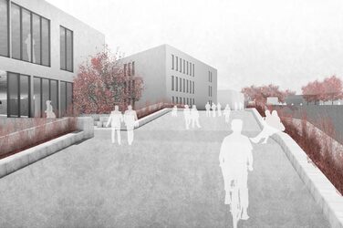 Visualisierung des Quartiers "Bahnstadt Süd“ der Stadt Münster im Rahmen des Schlaun-Wettbewerbs. Darstellung eines Wegs mit Gebäuden, Sitzmöglichkeiten, Pflanzen und Personen.