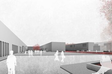 Visualisierung des Quartiers "Bahnstadt Süd“ der Stadt Münster im Rahmen des Schlaun-Wettbewerbs. Darstellung eines Wegs mit Gebäuden, Sitzmöglichkeiten, Pflanzen und Personen.