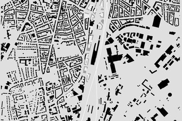 Visualisierung des Quartiers "Bahnstadt Süd“ der Stadt Münster im Rahmen des Schlaun-Wettbewerbs. Schwarzplan.