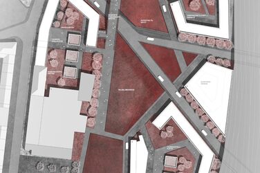Visualisierung des Quartiers "Bahnstadt Süd“ der Stadt Münster im Rahmen des Schlaun-Wettbewerbs. Luftbild eines kleines Bereichs im Quartier.