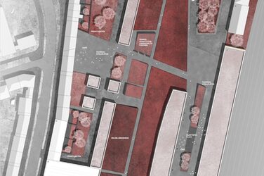Visualisierung des Quartiers "Bahnstadt Süd“ der Stadt Münster im Rahmen des Schlaun-Wettbewerbs. Luftbild eines kleines Bereichs im Quartier.