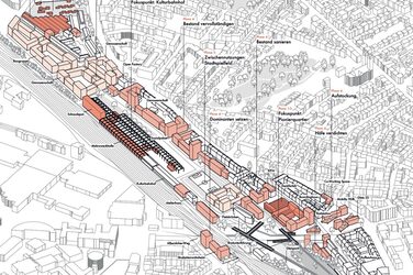 Visualisierung des Quartiers "Bahnstadt Süd“ der Stadt Münster im Rahmen des Schlaun-Wettbewerbs. Axonometrie. Das Quartier ist rot dargestellt.