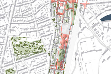 Visualisierung des Quartiers "Bahnstadt Süd“ der Stadt Münster im Rahmen des Schlaun-Wettbewerbs. Lageplan von oben. Das Quartier ist rot dargestellt.