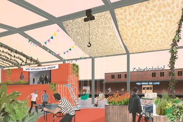 Schriftzug: Bestand verpflichtet - ein dauerhaftes Quartier für Münster (Westf.). Darunter sind Personen am Bahnhof zu sehen, die Tischtennis spielen, Lebensmittel transportieren, schaukeln und sich unterhalten.