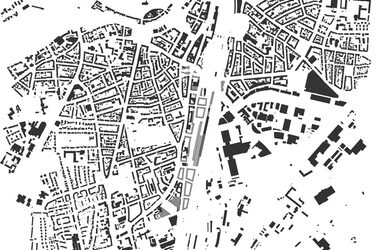 Visualisierung des Quartiers "Bahnstadt Süd“ der Stadt Münster im Rahmen des Schlaun-Wettbewerbs. Schwarzplan.