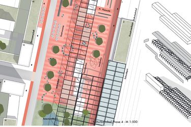 Visualisierung des Quartiers "Bahnstadt Süd“ der Stadt Münster im Rahmen des Schlaun-Wettbewerbs. Darstellung des Bereichs "Kulturbahnhof" mit gastronomischen und kulturellen Einrichtungen.