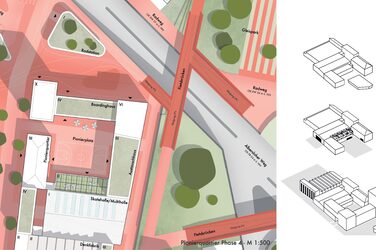 Visualisierung des Quartiers "Bahnstadt Süd“ der Stadt Münster im Rahmen des Schlaun-Wettbewerbs. Darstellung des Bereichs "Pionierquartier" mit Einrichtungen für sozialen Austausch und Mobilität.