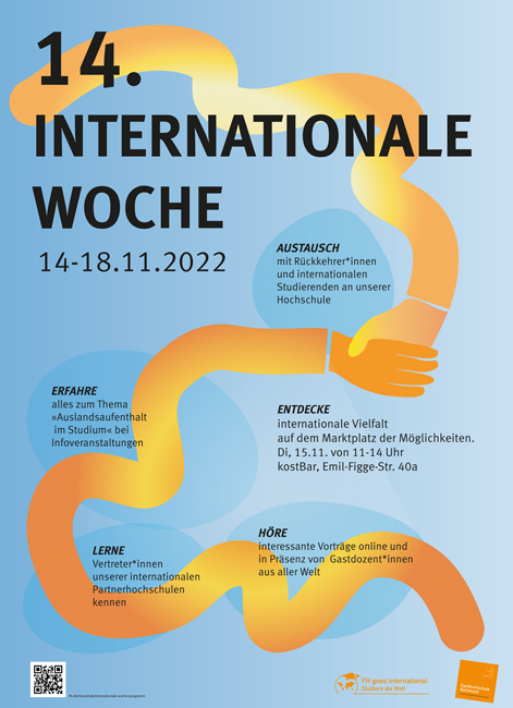 Illustration zwei orangener Hände auf hellblauem Hintergrund mit dem Text: 14. Internationale Woche. 14. bis 18.11.2022.