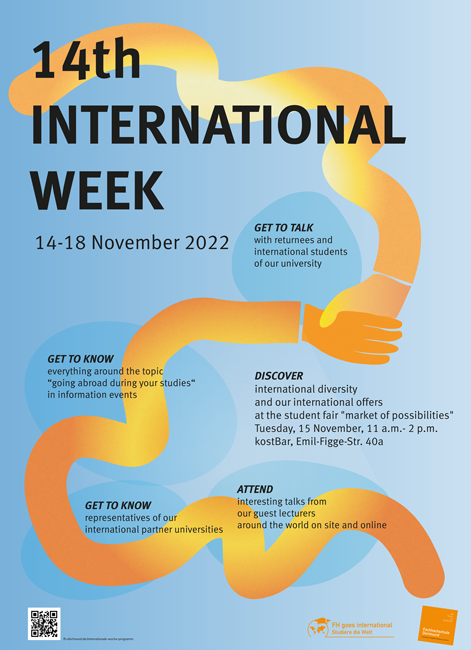 Illustration of two orange hands on light blue background with the text: 14th International Week. 14th to 18th November 2022.