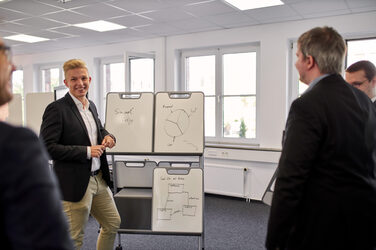 Auf dem Bild sieht man eine Person, die sich vor eine Halterung mit drei kleineren Whiteboards gestellt hat. Die Person scheint drei anderen Personen etwas zu Präsentieren oder zu Erklären.