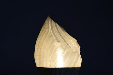Nachtaufnahme eines Modells einer muschelartig geschwungenen Leuchte mit generativ gefertigten Lampenschirm in beige