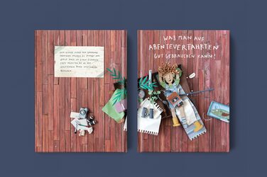 Front- und Backcover des Buches "Was man auf Abenteuerfahrten gut gebrauchen kann". Abgebildet ist die Hauptfigur des Buches, die Puppe Minna.