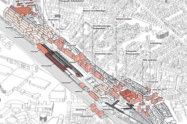 Visualization of the "Bahnstadt Süd" district of the city of Münster as part of the Schlaun competition. Axonometry. The quarter is shown in red.