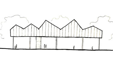 Eine Strichzeichnung zeigt die Frontansicht des Entwurfs mit einem markanten Sägezahndach. Unter dem weit auskragenden Dach sind mehrere offene Bereiche und stilisierte Personen dargestellt.