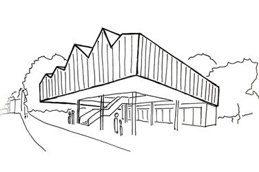 Eine Strichzeichnung des Entwurfs mit markantem Sägezahndach. Unter dem Dach befinden sich Glaswände und eine Treppe, umgeben von einigen stilisierten Personen.