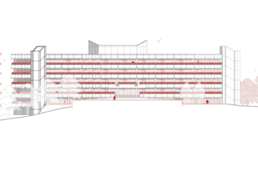 Longitudinal section of the building complex, including floor structure and interior spaces. In the foreground are abstract trees that embed the building in the landscape.