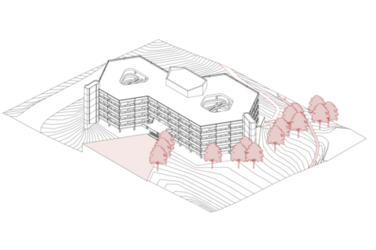 An abstract depiction shows individual trees and a polygonal building on a black background. Paths and terrain lines mark the surroundings in a minimalist way.