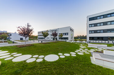 Photo of building 38 a on Emil-Figge-Straße, with building 38 in the background on the left and building 38 b on the right. In the foreground is the meadow with trees and round paving slabs as sidewalk. __ <br>View of building 38 a on street Emil-Figge, next to it you can see building 38 in the background on the left and building 38 b on the right. In the foreground you can see the meadow with trees and the round floor slabs on the meadow that lead to building 38 b.